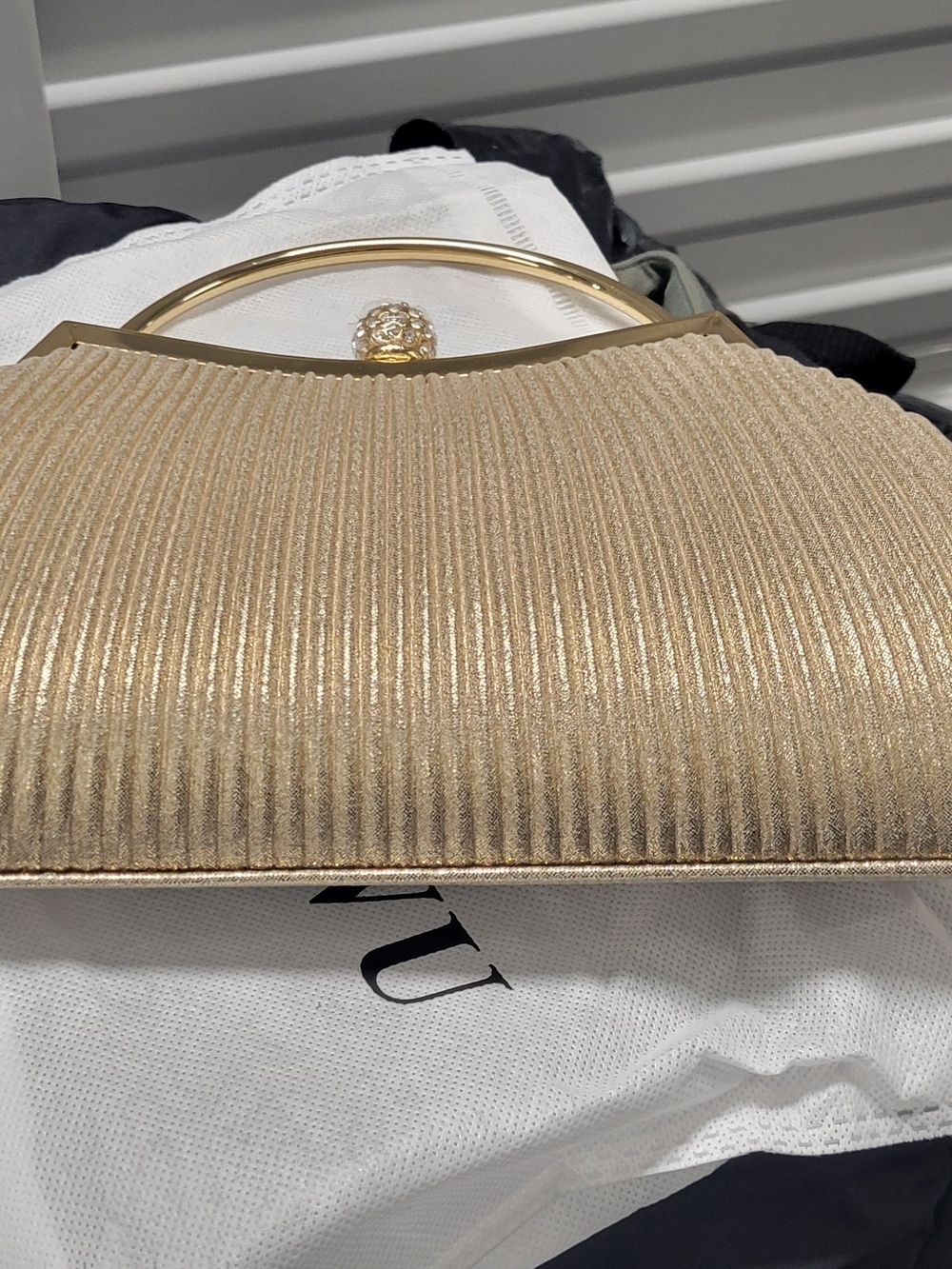Metallic Gold Ribbed Evening Clutch with Ring Handle